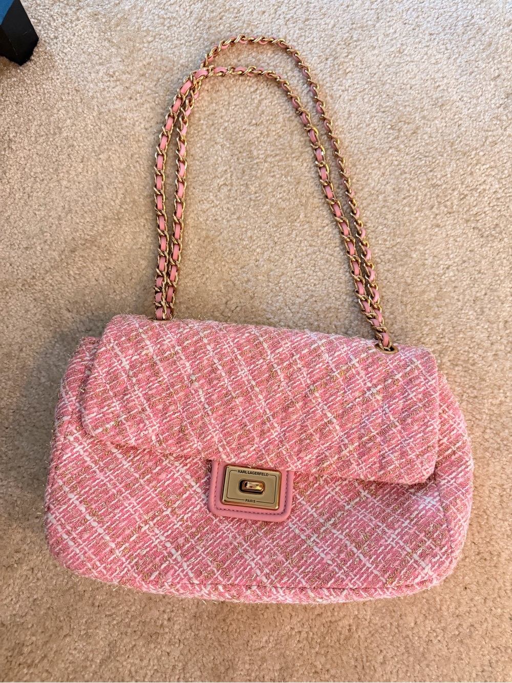 Karl Lagerfeld Pink Tweed Chain-Shoulder Bag with Gold Hardware